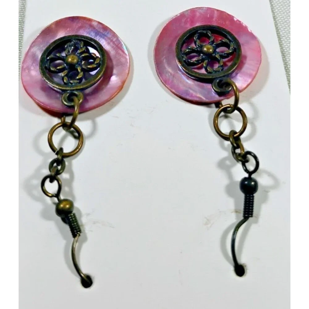 Vintage Dangle Earrings Pink Mother of Pearl Disc Brass Filigree Floral Charm
